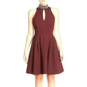 Kut From The Kloth Embellished Mock Neck Fit & Flare Dress Burgundy Size 12